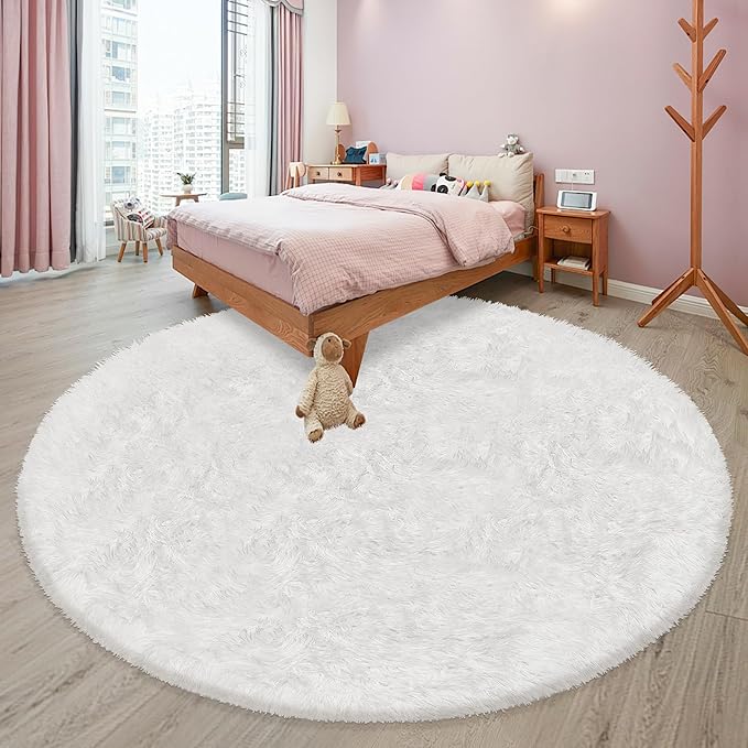 8 ft Round Fluffy Large White Rug for bedroom,Tie Dyed Furry Round Carpet Non Slip Fuzzy Shaggy Plush Circle Big Area Rug for living room Room Nursery Room Playroom Kids Room Home Decor Washable