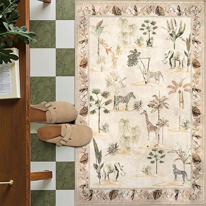 jinchan 3x5 Beige Jungle Rug, Washable Throw Entryway Rug Animals Print Kitchen Mat, Indoor Ultra-Thin Low-Pile Non-Slip Soft Botanical Accent Carpet for Bedroom Entrance Laundry Room (3'x5', Beige)