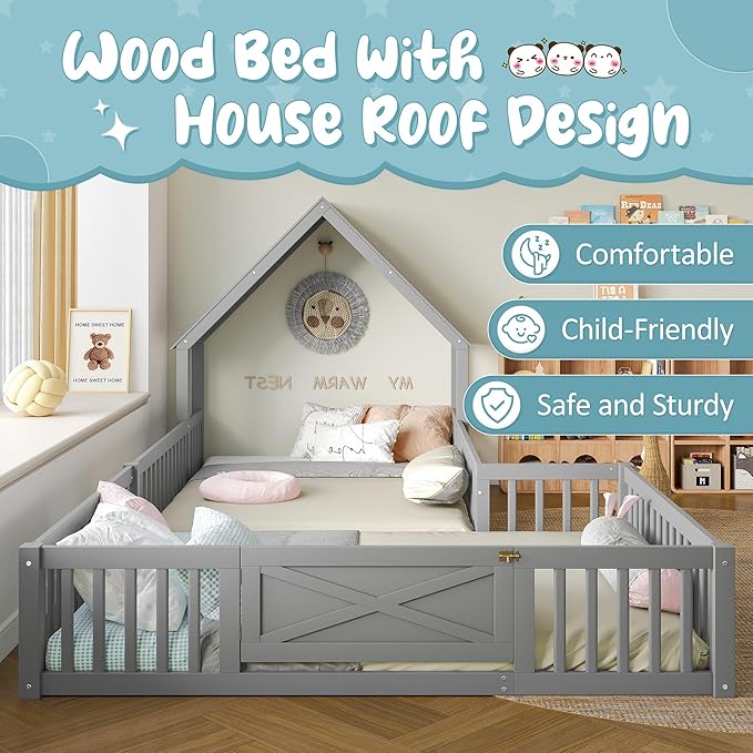 Harper & Bright Designs Full Size House Shaped Double Floor Bed with Door and Full-Length Guardrails, Solid Wood Kids Montessori Floor Bed for Girls Boys, Multi-Function, Grey