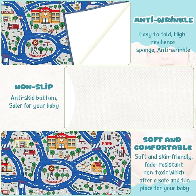 Tinideya Kids Carpet Playmat Rug Player Car Rug, 6 x 9 ft Traffic Map Mat Educational Game Area for Toddler Children Playroom Classroom Bedroom (City, Blue)