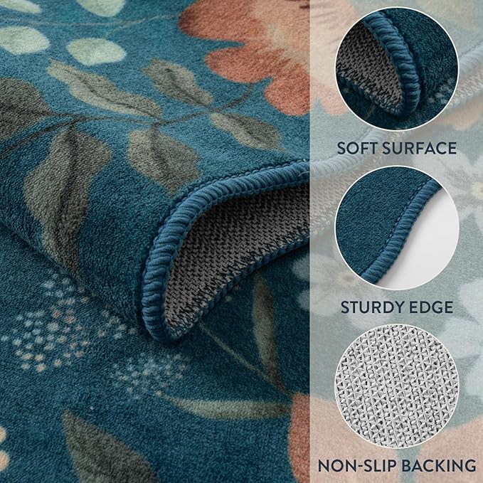Lahome Floral Washable Rugs 8x10, Non-Slip Soft 8x10 Rugs for Living Room Bedroom, Ultra-Thin Stain Resistant Easy Clean Boho Blue Accent Carpet for Dining Room Office(8x10ft,Navy Blue)