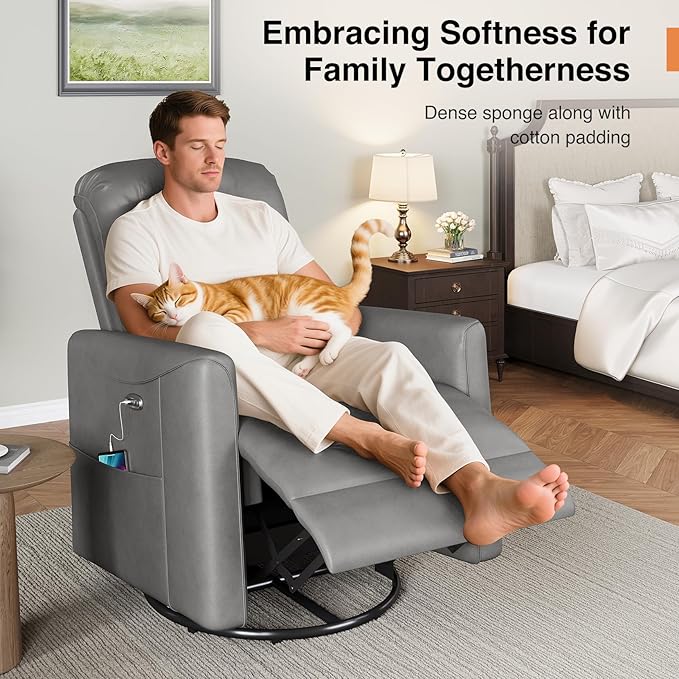 Power Swivel Rocker Recliner, 360° Swivel Nursery Rocking Chair, PU Leather Glider Rocking Recliner, Infinite Position Electric Chair for Adults with USB Port for Living Room, Dark Gray