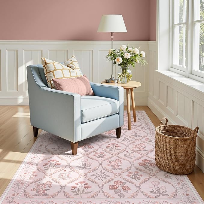 3x5 Nursery Rug, Boho Pink Floral Area Rugs Machine Washable, Soft Ultra-Thin Low-Pile Carpet Non Slip for Girls Room Bedroom Entryway Playroom Living Room, Pink Multi