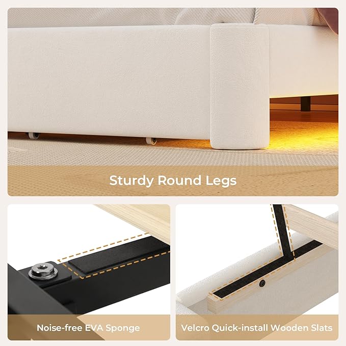 MSmask Full LED Bed Frame with Storage Headboard & 2 Storage Drawers, Princess Upholstered Bed with Charging Station & Crystal Button & Crown, Velvet Platform Bed for Girls, Curved Legs, White