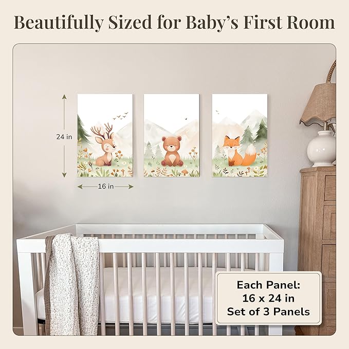 Woodland Nursery Canvas Wall Art – Hand-Drawn Forest Animals (Deer, Bear, Fox) – Large 16×24 Panels, Set of 3 – Neutral Baby Room Decor for Boys & Girls – Premium Fiber Canvas, Ready to Hang