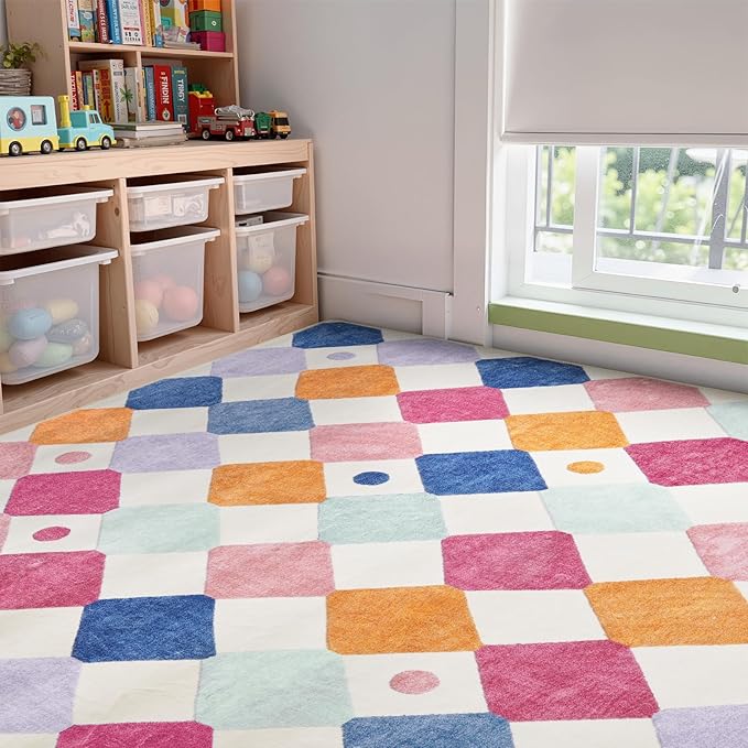 jinchan Macy Area Rug 8x10 Kids Washable Rug Indoor Floor Cover Non Slip Modern Soft Rug Playroom Diamond Carpet for Elementary School Classroom Nursery Daycare Living Room Bedroom Berries on Cream