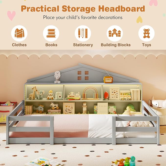 Giantex Twin Size Montessori Floor Bed with LED Lights, 2-in-1 Wooden House Bed Frame with Safety Guardrails, Storage Compartments & Shelf, No Box Spring Needed, Without Slats, Gray