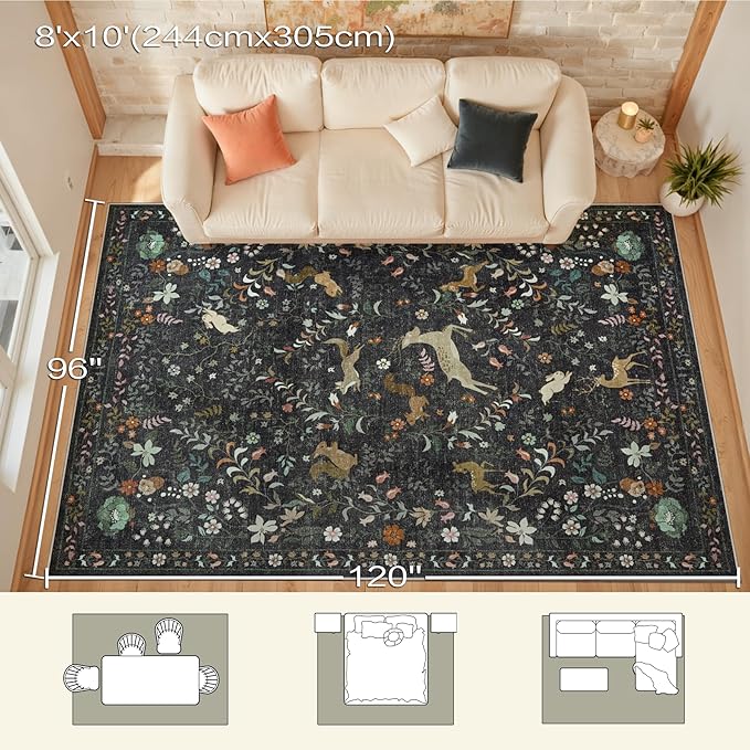 8x10 Area Rugs for Living Room Floral Animal Print Carpet Washable Non-Slip Large Rug Low Pile for Indoor Bedroom Dining Room Nursery Home Office Farmhouse Kids Play Room Black