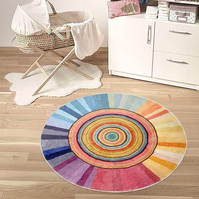 Kids Rug Circle Sun Rug for Girls Bedroom Round Rainbow Nursery Mat 2.6Ft Chic Bedside Carpet for Children Cartoon Crawling Mat for Playroom Indoor Home Decor