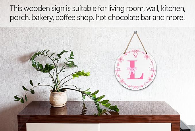 Monogram Round Sign For Front Door, Cherry Bow Theme Sign For Porch Art Wall Door, Initial Signs Hanging Ornament For Indoor Outdoor, Decorations Gifts For Four Seasons Rustic Home Kitchen, L, A12