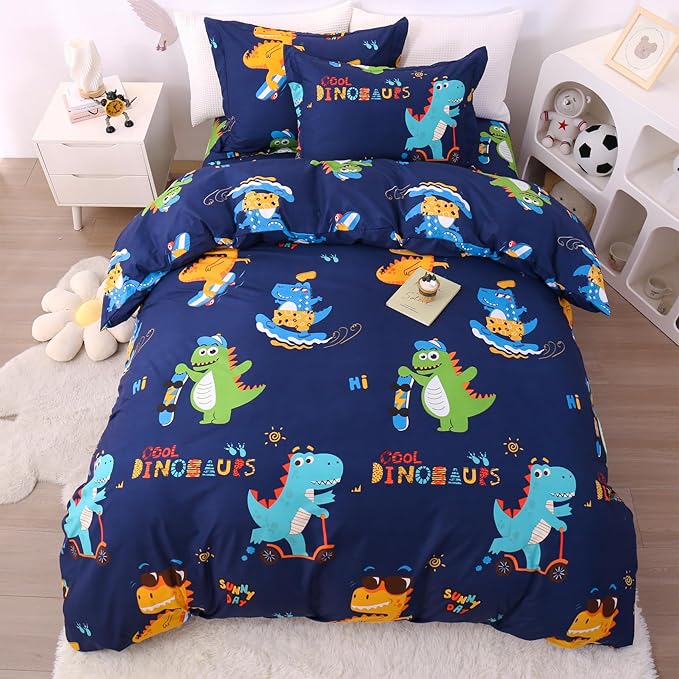 JSD Sports Dinosaur Kids Duvet Cover Set Queen Size, 3 Piece Cute Printed Microfiber Comforter Cover with Pillow Shams Zipper Closure, Comforter Not Included