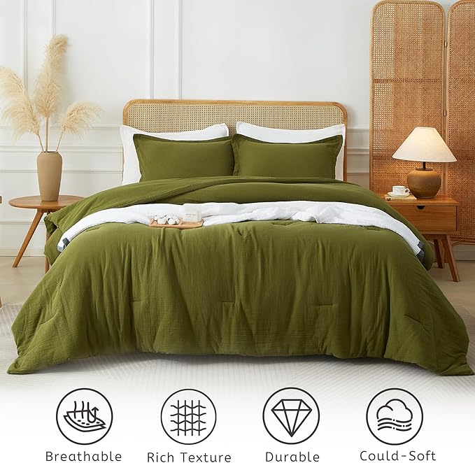 Muslin Comforter Set King Size, Cotton Cover & Polyester Filling, Breathable & Linen Like & Suitable for All-Season Use,3 Pieces(1 Comforter 104"x90", 2 Pillow Shams 20"x36"), Olive Green