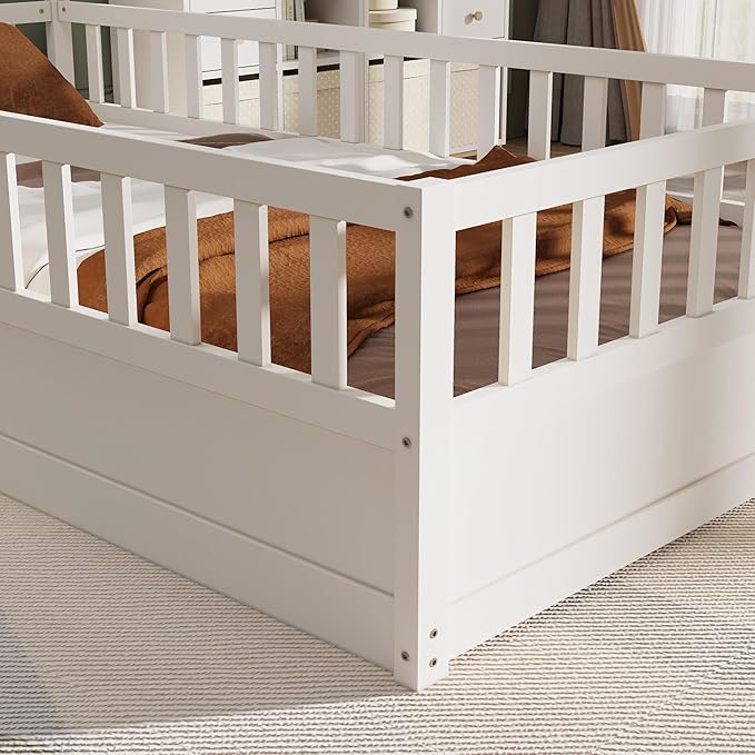 GDFStudio Twin Size Toddler Floor Bed Frame with Door & Guardrails, Toddler Twin Bed Frame for Kids Boys Girls, Low to Floor Child Bed Rail Design, Wooden Floor Bed for Baby, No Support Slat, White