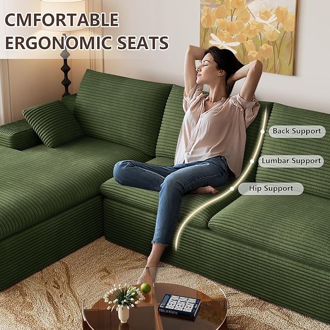 107 Inch Cloud Sectional Couch, Modern Modular Sectional Sofa with Deep Seat, Corduroy Boneless Couches with L-Shape Chaise for Living Room Bedroom, No Assembly Required (Green, Left Facing Chaise)