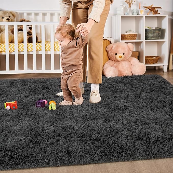 Merelax Soft Modern Indoor Large Shaggy Rug for Livingroom Bedroom Dorm Kids Room Home Decorative, Non-Slip Plush Fluffy Furry Fur Area Rugs Comfy Nursery Accent Floor Carpet 8x10 Feet, Dark Grey