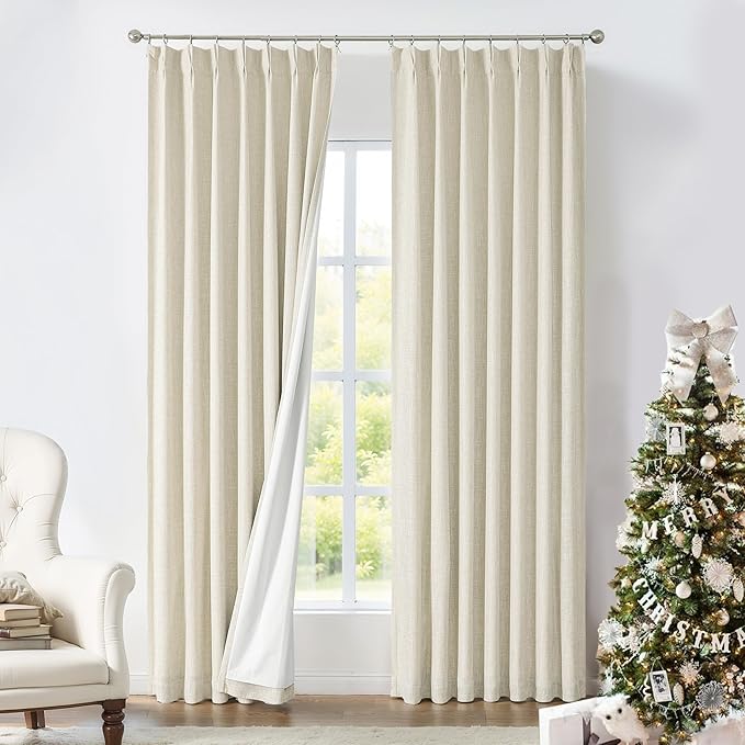 Sand Pinch Pleated Full Blackout Curtains Energy Efficient Linen Texture Window Treatment Panel 84 Inch with Full Blackout Liner for Bedroom Thermal Insulated Back Tab Drapes with Hooks, 40"Wx84"Lx2