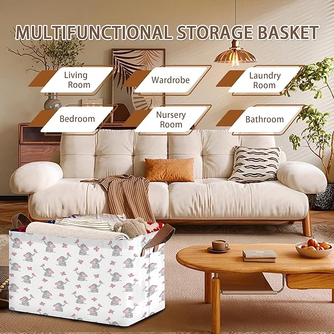Foldable Collapsible Storage Bin with Elephant & Butterfly Pattern-17x11.5x10.5 Inch Organizer Basket for Nursery, Kids Room, Closet, Toy Storage-Single Pack, Space-Saving Home Decor