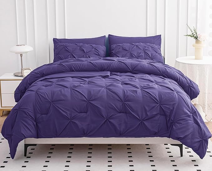 LANE LINEN Twin Comforter Set - 5 Piece Pintuck Twin Bedding Set in A Bag, Pinch Pleat Comforter, Sheets, Pillowcases & Shams - Purple