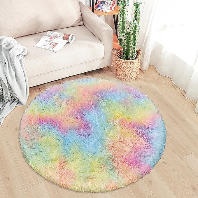 Rainbow Fluffy Round Area Rugs 3Ft Kids Rugs for Girls Bedroom, Soft Unicorn Rug Small Round Carpet Plush Shaggy Circle Rug Pink for Girls Room Nursery Baby Playroom Unicorn Home Decor