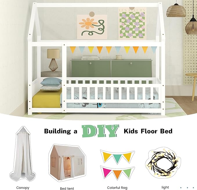 Bellemave Twin Size House Floor Bed,Wooden Montessori Bed with Fence and Roof for Kids,Twin Bed Frame for Boys,Girls(Twin,White)