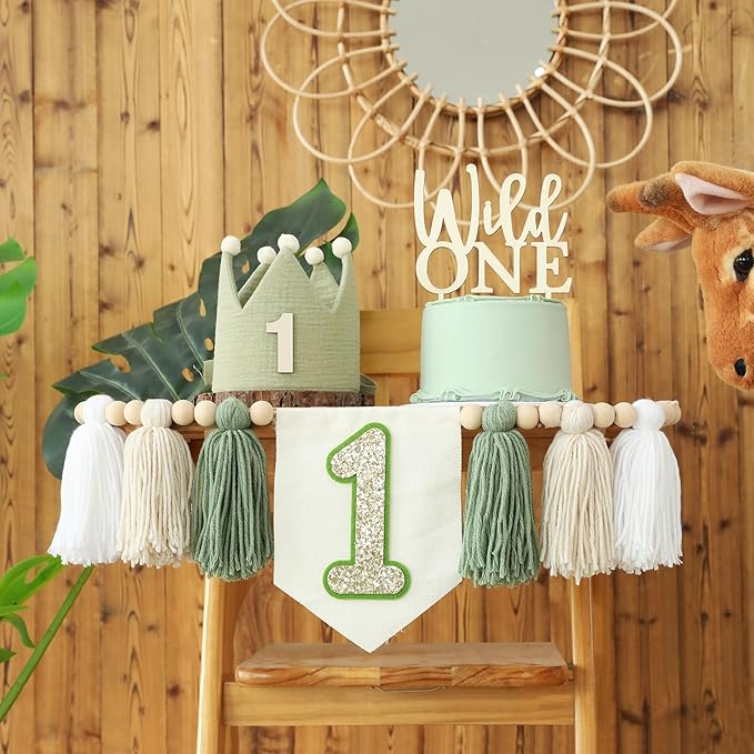Wild One High Chair Banner For 1st Birthday Party Boy Decorations With Green Tassel Garland Crown Hat Wild One Cake Topper