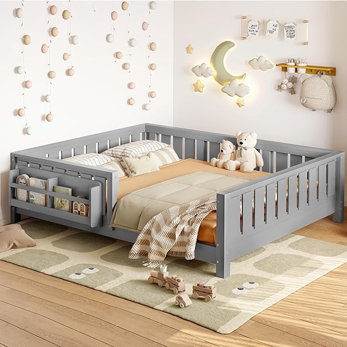 Bellemave Full Size Floor Bed with Slats and Safety Guardrail, Full Size Montessori Floor Bed with Fence and Built-in Bookshelf, Easy Assemble Montessori Beds for Kids, Girls, Boys, Gray