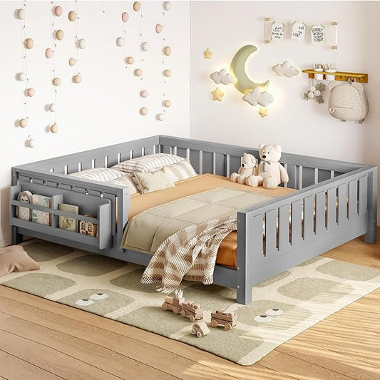Bellemave Full Size Floor Bed with Slats and Safety Guardrail, Full Size Montessori Floor Bed with Fence and Built-in Bookshelf, Easy Assemble Montessori Beds for Kids, Girls, Boys, Gray