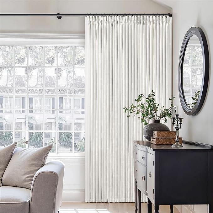 Beige White 70 Inch Wide Curtains 96 Inches Long for Living Room Light Filtering Semi Sheer Farmhouse Pleated Curtain with Hooks Rings for Patio Sliding Door Dining Room Large Window 1 Panel 70x96