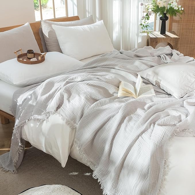 MooMee Muslin Blanket - 100% Cotton 4-Layer Gauze Throw Blanket with Tassels Ultra-Soft Breathable Lightweight Cooling for Bed Couch (Light Grey,Oversized Queen 98" x 98")