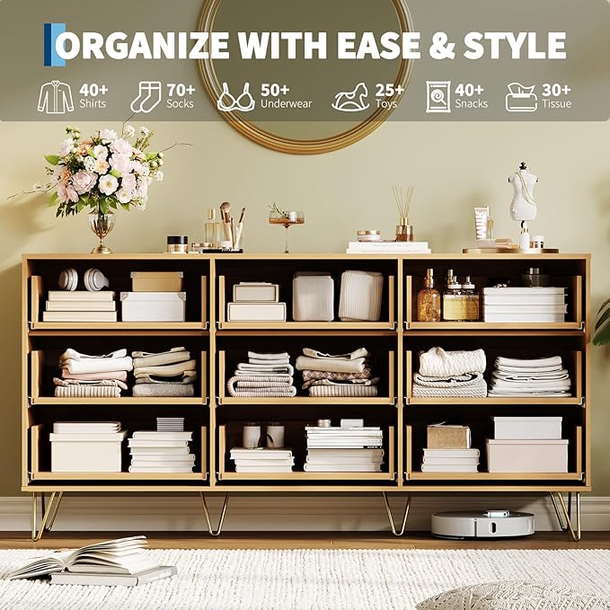 Garvee Fluted Dresser for Bedroom with 9 Drawers,63" Wide Modern Chest of Wooden Bedroom Chest with Metal Handle,Clothes Storage Organizer,Closet Dresser & TV Stand for Living Room,Hallway,Natural