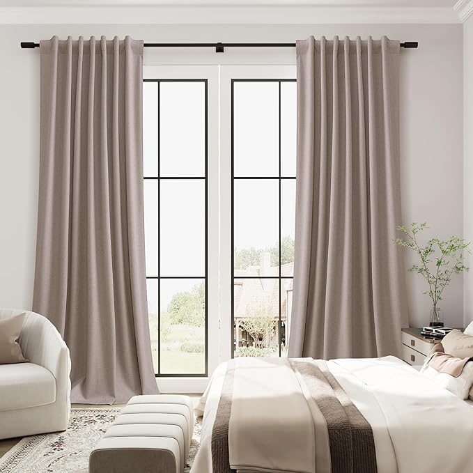 Guken Taupe Linen Blackout Curtains for Living Room 102 Inch Length 2 Panels Set Elegant Light Blocking Thermal Insulated Soundproof Back Tab Hook Belt Bedroom Dining Room Greige Beige 52x102