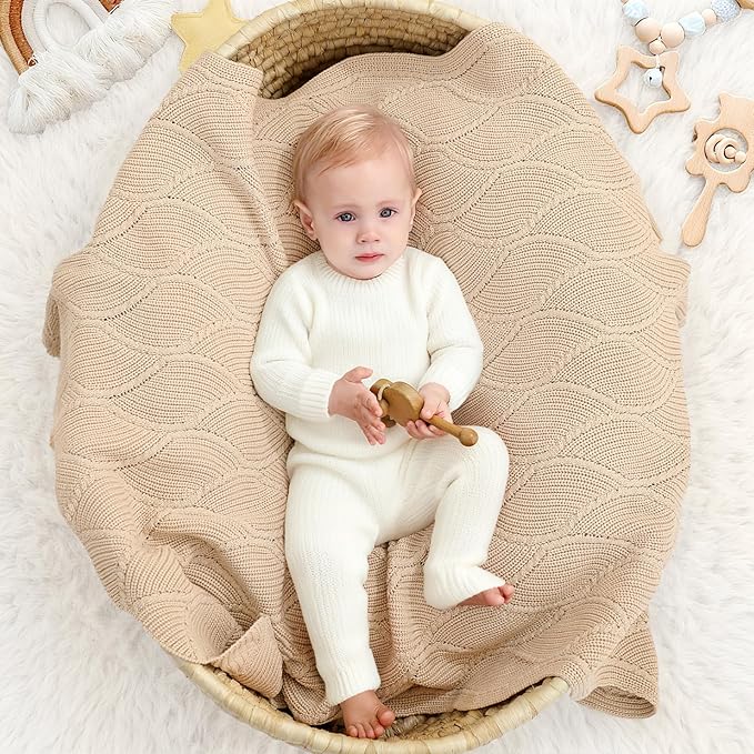 Thick Cotton Knit Baby Blanket 40x31 Inches – Soft Breathable Newborn Blanket for Boys & Girls, Wavy Pattern Receiving Blanket for Crib, Stroller, or Nursery, Gift Box for Baby Shower(Beige)