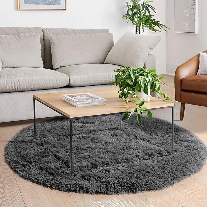 Grey Round Rugs 4Ft for Living Room Bedroom, Fluffy Fuzzy Shag Shaggy Circle Area Rug for Kids Room Home Office Decor Aesthetic, Furry Soft Plush Indoor Floor Gray Carpet for Baby Nursery Preppy Dorm