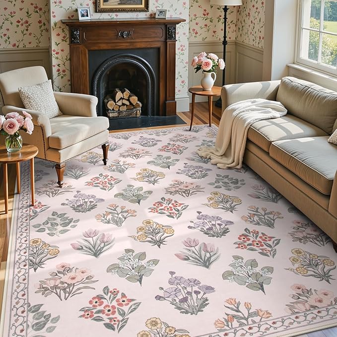 Wonnitar Pink Rugs for Bedroom Girls Nursery, Floral Print 5x7 Washable Rug, Boho Ultra-Thin Non Slip Soft Cozy Carpet for Room Decor Kids Playroom Office Living Room, Pale Pink