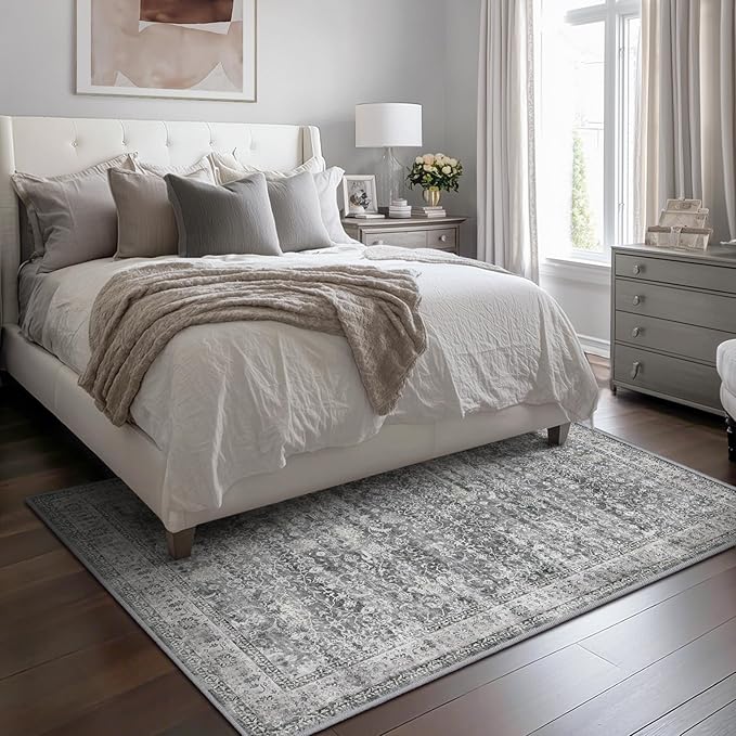 Grey Neutral Area Rug 6x9, Vintage Gray Rugs for Living Room Bedroom, Washable Non Slip Low Pile Thin Carpet Rug for Dining Room Guest Room Home Office