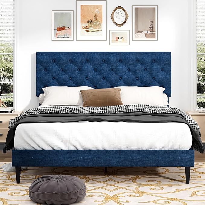 BarnFurin Full Size Bed Frame with Button Tufted Headboard, Upholstered Platform Bed with Wooden Slats Support, No Box Spring Needed, Easy Assembly, Navy Blue