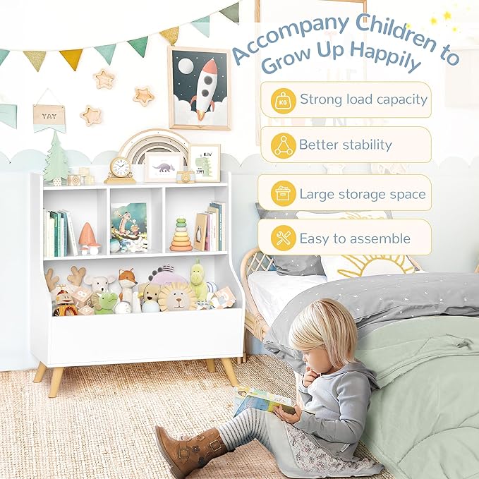 Curipeer Kids Bookshelf and Toy Storage, 3-Tier Wooden Open Bookcase, Baby Book and Toy Storage Display Organizer with Spacious Top Shelf for Children, Family, White(Large Size)