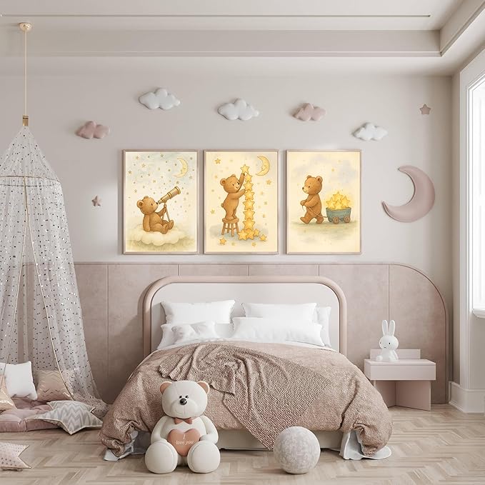 3Pcs Bear Nursery Wall Art Cute Teddy Bear with Stars and Moon Poster Animals Playing with Stars and Telescope Neutral Baby Room Decor Dreamy Prints for Kids and Babies Bedroom 8x10in Unframed