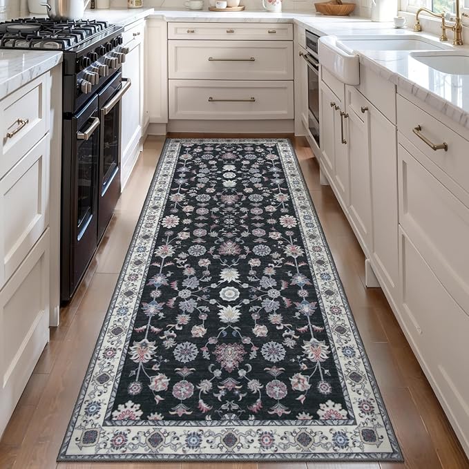 Tangsoo Washable Runner Rug for Hallway Non Slip, 2x6 Boho Floral Vintage Carpet Runner Rugs for Entryway, Floor Low Pile Runners for Kitchen Bathroom Laundry Bedroom Alfombra Black Red Farmhouse
