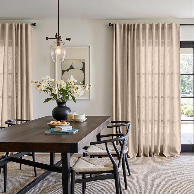 jinchan Taupe Linen Blend Curtain 96 inch Length 1 Panel for Sliding Door, Light Filtering 100 inch Extra Wide Farmhouse Drape with Rod Pocket Back Tab(100W x 96L, Taupe)