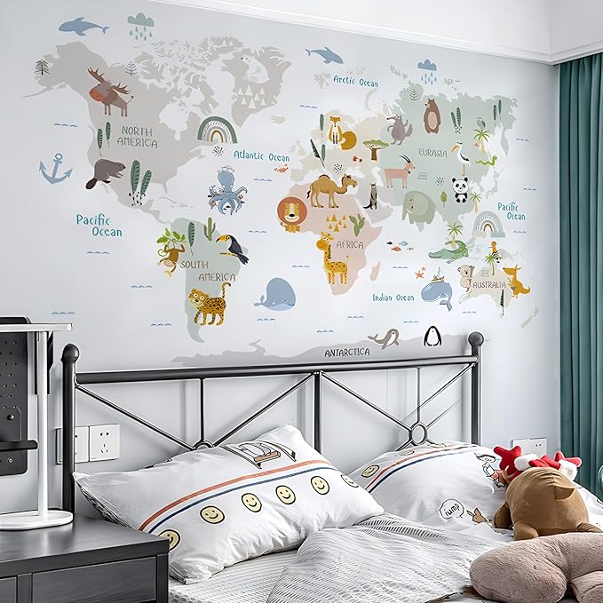 Animal World Map Wall Decals Jungle Animal Wall Stickers Forest Wild Animals Elephant Monkey Wall Art Vinyl DIY Removable Peel and Stick for Kids Boys Bedroom Nursery Classroom Home Decoration