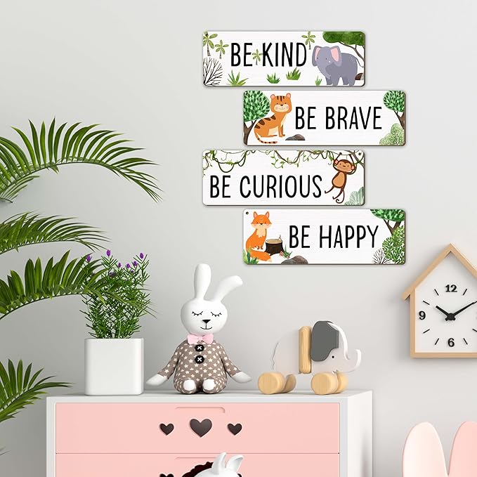 Woodland Nursery Decor, Jungle Safari Animals Boysroom Wall Sign Art, Motivational Bedroom Decorations for Kids Boys, 4 Pieces Wood Sign, 3.9x11.8 In-A01