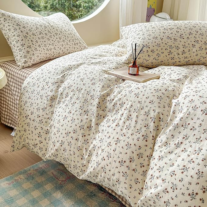 LifeTB 100% Cotton Muslin Duvet Cover Queen Size Vintage Botanical Floral Duvet Cover Ultra Soft Flower Comforter Cover Lightweight Soft Breathable Gauze Bedding Comforter Cover with 2 Pillowcases