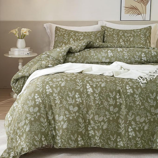 HighBuy Queen Size Duvet Cover Olive Green Floral Cottagecore Bedding Comforter Cover Queen 100% Soft Cotton Botanical Boho Duvet Cover Set Aesthetic 3 Piece Garden Style for Women Men