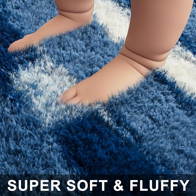 5x7 Feet Area Rugs for Living Room Bedroom,Blue and White Machine Washable Soft Fluffy Shaggy Indoor Rug, Floor Carpet for Girls Boys Kids, Dorms, Nursery Rooms, Home Decor Aesthetic