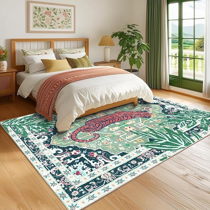 8x10 Washable Non-Slip Green Tiger Rug for Living Room Bedroom Dining Room Vintage Neutral Tropical Animal Cheetah Print Jungle Rug Soft Cozy Woodland Large Carpet for Boys Room Playroom