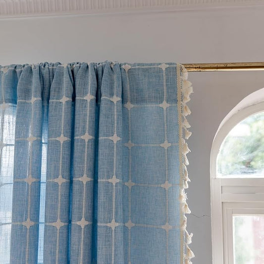 Deeprove Blue Boho Curtain 84 Inches Long for Kid Boy's Bedroom Nursery Room, Cotton Linen Lattice Plaids Embroidery Semi Blackout Bohemian Window Treatment Grids Drape Tassels, 1 Panel W52 x L84