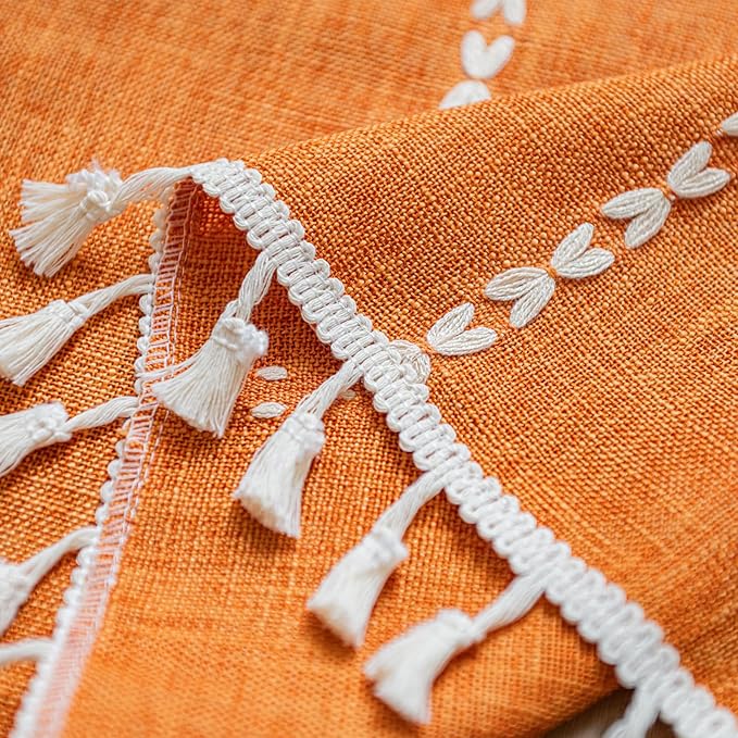 Deeprove Orange Boho Curtain Valance for Cafe Kitchen Closet Doorway Cottage Decor, Burnt Sheer Bohemian Farmhouse Cotton Linen Short Panel Tassel Vintage Chic Window Drape, W52 x L18, 1 Piece