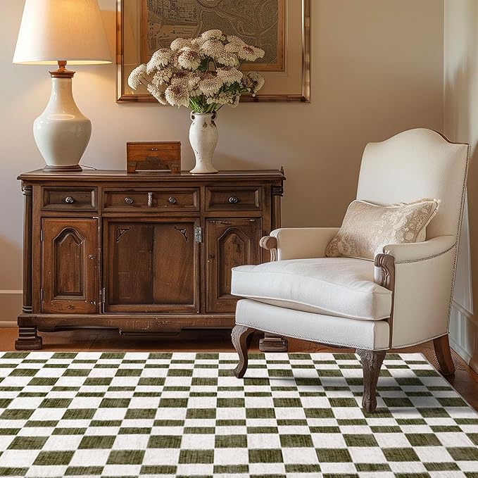 EverGrace Checkered Plaid Area Rug 4x6, Soft Fuzzy Faux Wool Rugs Washable Anti Slip Rugs Large Rug Carpet for Entryway Bedroom Living Room Hallway Kitchen Dining Room and Laundry Room, Olive Green