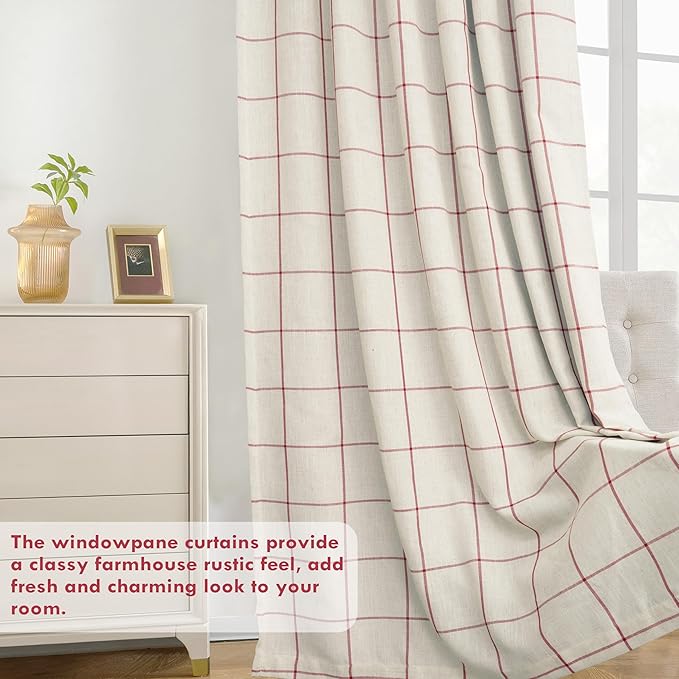 DriftAway 2 Panels 100% Blackout Windowpane Plaid Linen Curtains Double Layer Drapes for Bedroom 84 Inches Long Farmhouse Thermal Insulated 3.25 Inch Rod Pocket Back Tab for Living Room Red